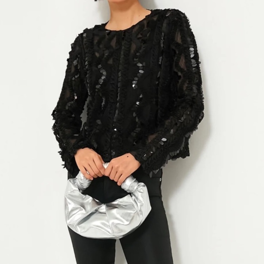 Hyacinth House Black Sheer Sequined‎ Long Sleeve Sutton Blouse XS